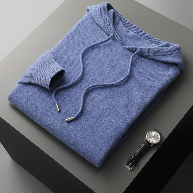 Autumn Winter New Merino Sweater Men'S 100% Wool Hooded Collar Knitted Pullover Casual Long Sleeved Hoodie