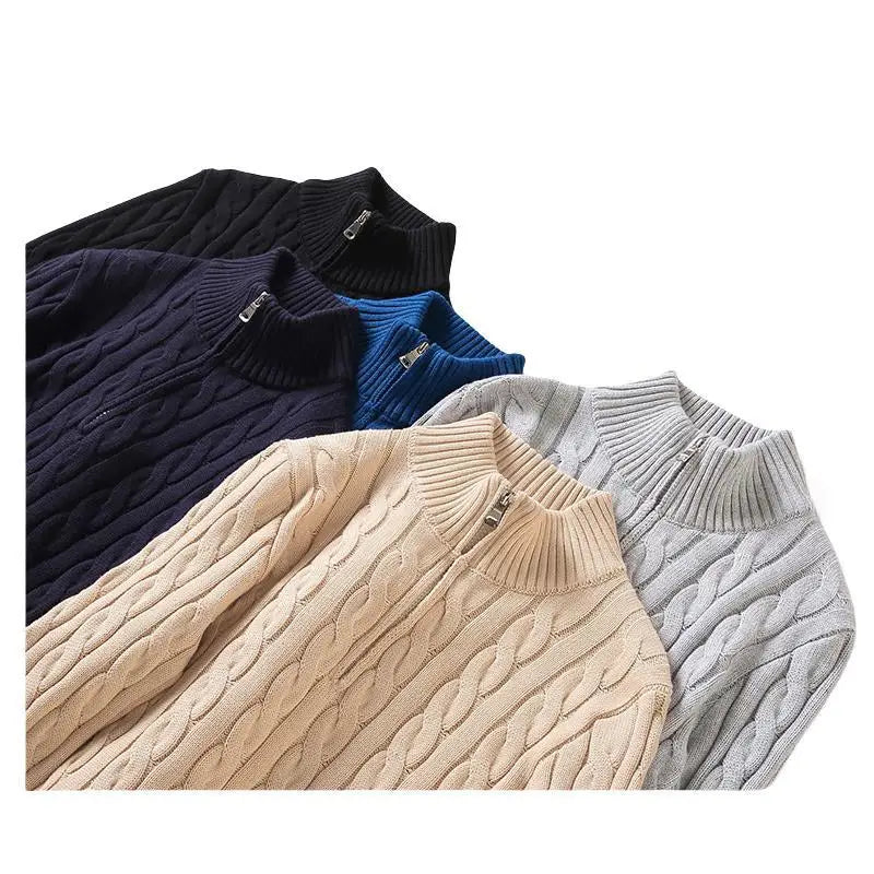 Autumn Winter New Men Pullover Sweater Men'S Stand Collar Half Zip Cotton 100% Thickened Knit Solid Color High Street Clothes