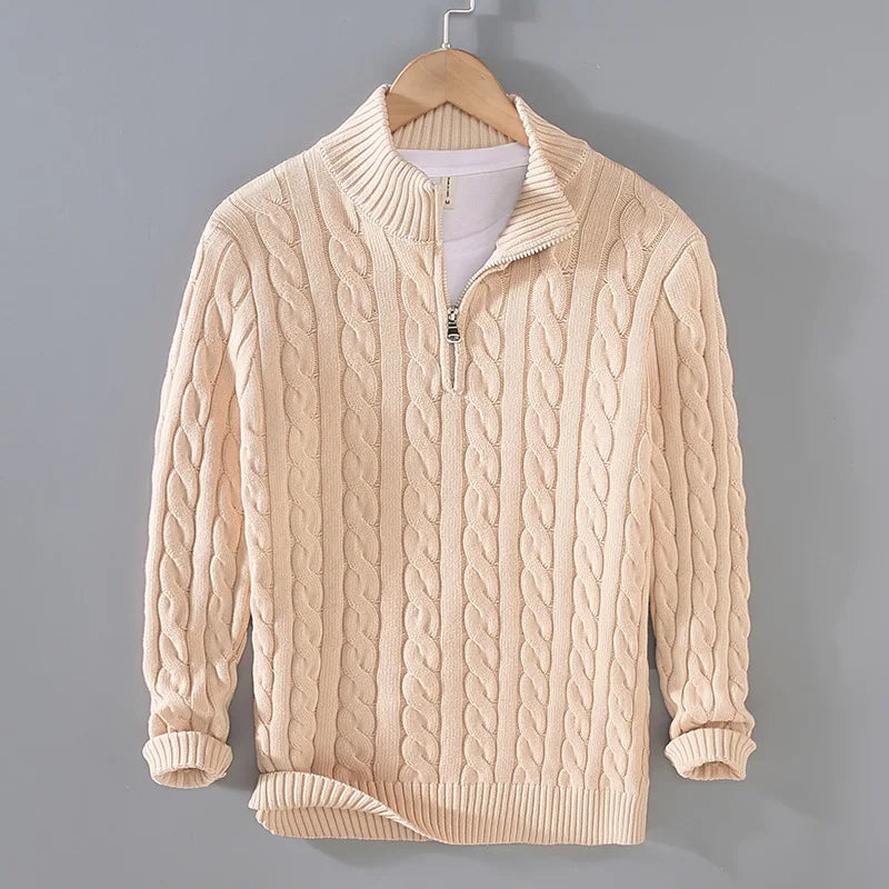 Autumn Winter New Men Pullover Sweater Men'S Stand Collar Half Zip Cotton 100% Thickened Knit Solid Color High Street Clothes
