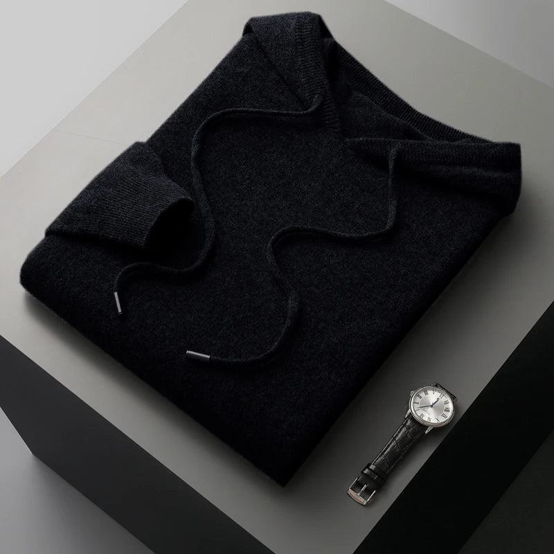 Autumn Winter New Merino Sweater Men'S 100% Wool Hooded Collar Knitted Pullover Casual Long Sleeved Hoodie