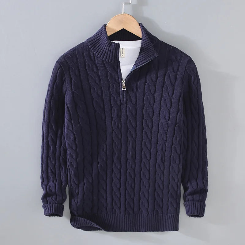 Autumn Winter New Men Pullover Sweater Men'S Stand Collar Half Zip Cotton 100% Thickened Knit Solid Color High Street Clothes
