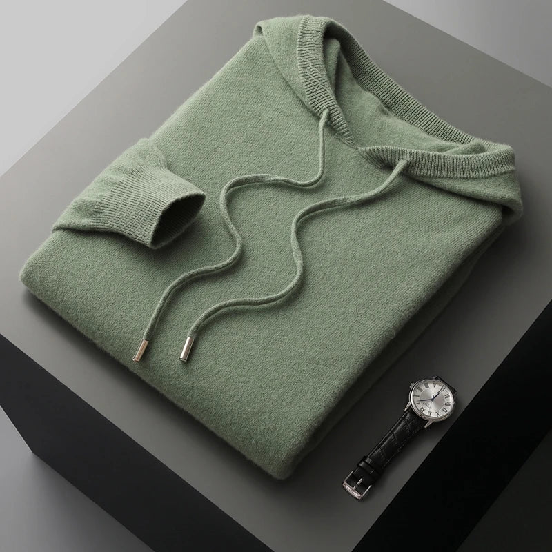 Autumn Winter New Merino Sweater Men'S 100% Wool Hooded Collar Knitted Pullover Casual Long Sleeved Hoodie