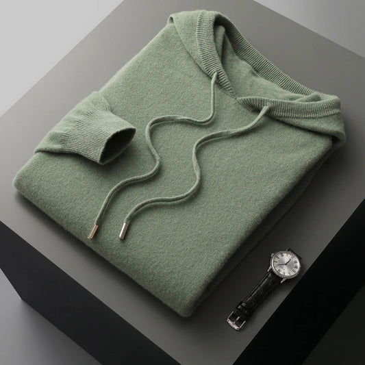 Autumn Winter New Merino Sweater Men'S 100% Wool Hooded Collar Knitted Pullover Casual Long Sleeved Hoodie