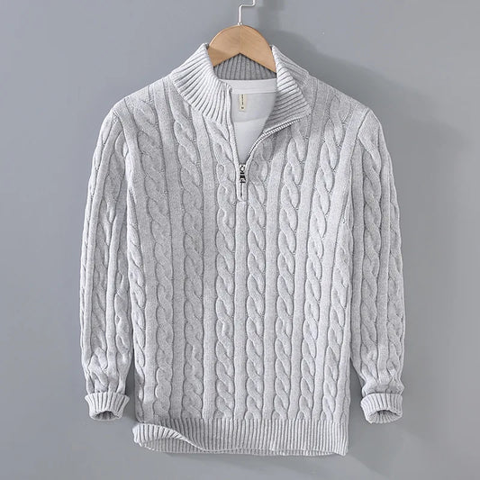 Autumn Winter New Men Pullover Sweater Men'S Stand Collar Half Zip Cotton 100% Thickened Knit Solid Color High Street Clothes