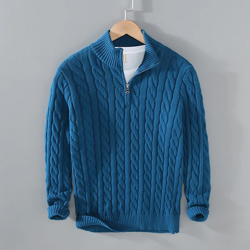 Autumn Winter New Men Pullover Sweater Men'S Stand Collar Half Zip Cotton 100% Thickened Knit Solid Color High Street Clothes