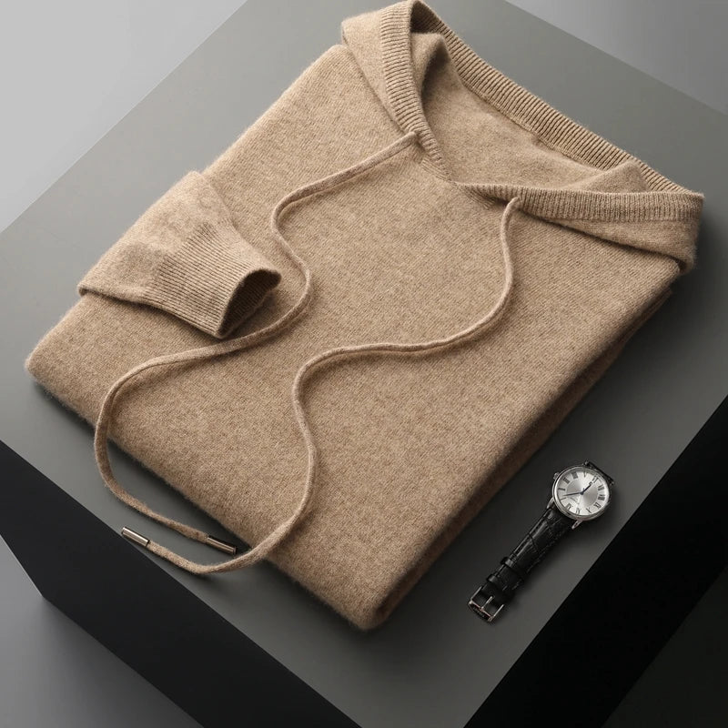 Autumn Winter New Merino Sweater Men'S 100% Wool Hooded Collar Knitted Pullover Casual Long Sleeved Hoodie