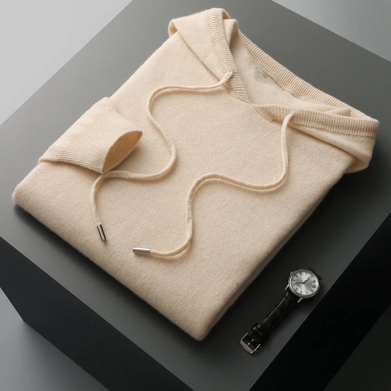 Autumn Winter New Merino Sweater Men'S 100% Wool Hooded Collar Knitted Pullover Casual Long Sleeved Hoodie