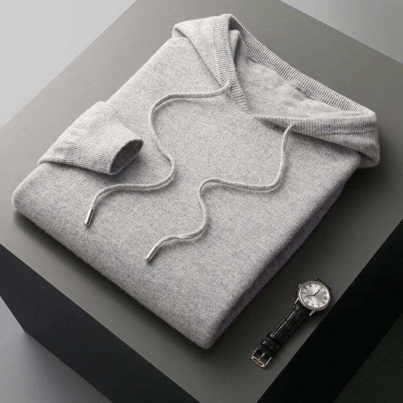 Autumn Winter New Merino Sweater Men'S 100% Wool Hooded Collar Knitted Pullover Casual Long Sleeved Hoodie
