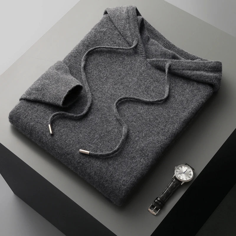 Autumn Winter New Merino Sweater Men'S 100% Wool Hooded Collar Knitted Pullover Casual Long Sleeved Hoodie